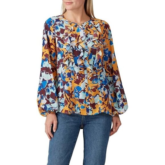 Prabal Gurung Collective Ochre Floral Ruffle Front Blouse Size: 6 - Picture 3 of 6